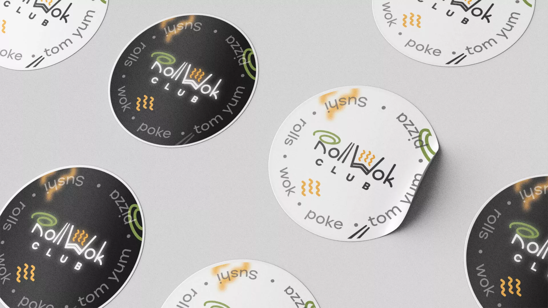 Разработка дизайна наклеек для суши-бара «Roll Wok Club» в Оренбурге